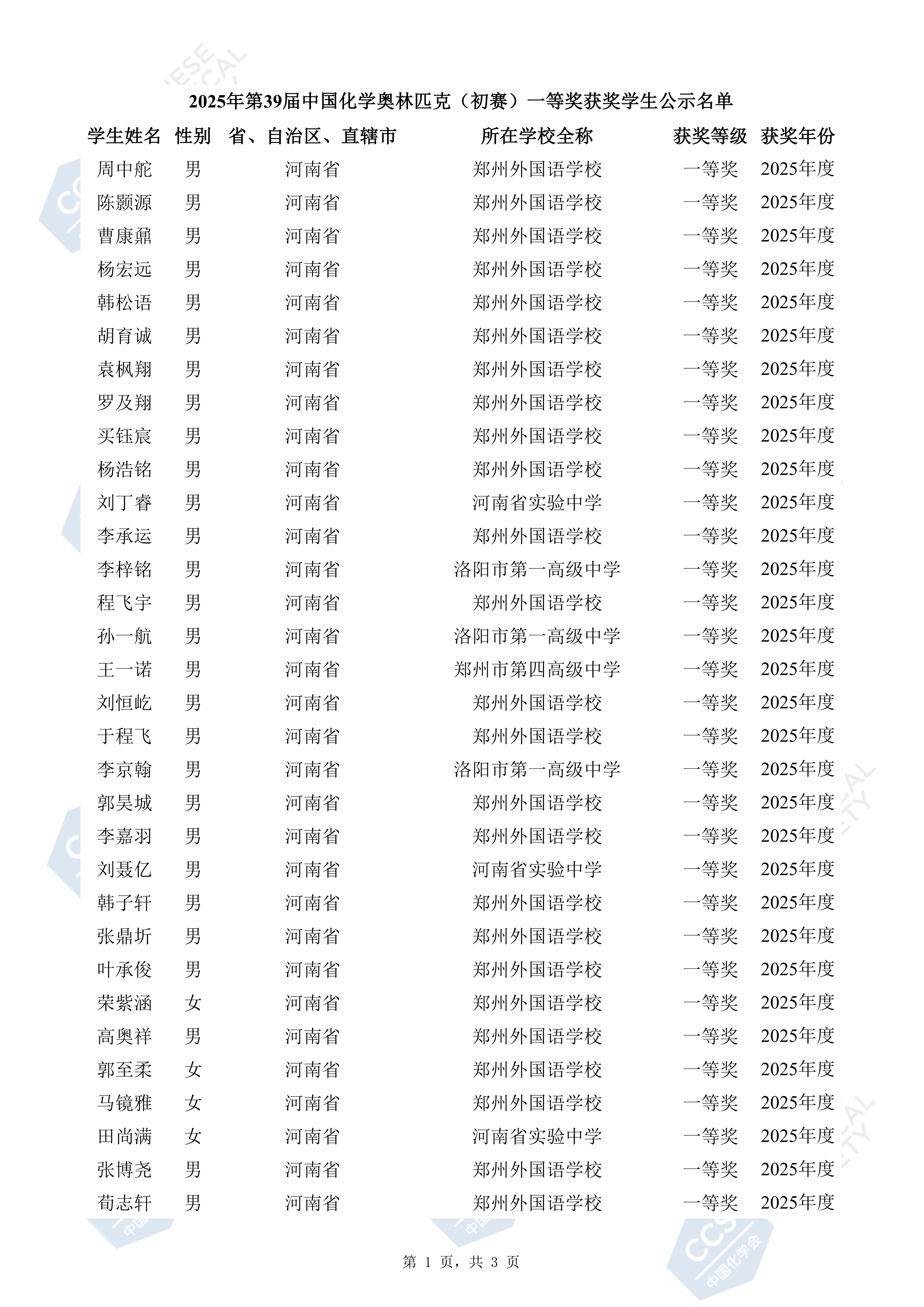 河南省2025年化学竞赛初赛省一获奖名单